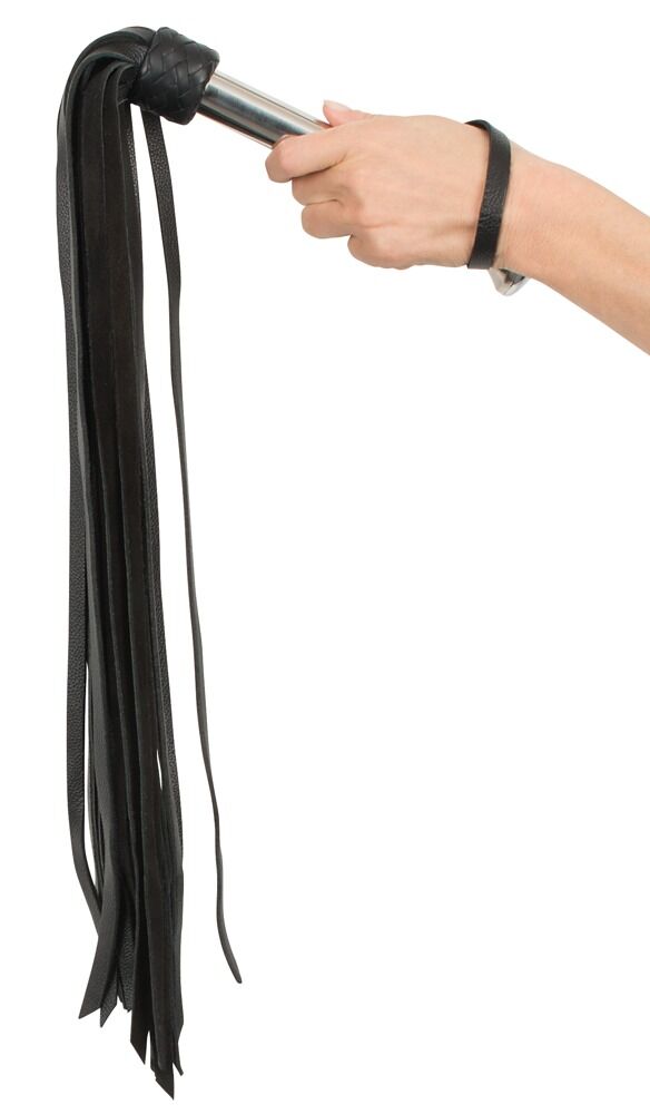 Peitsche mit breiten Lederriemen und Edelstahlgriff, 73 cm