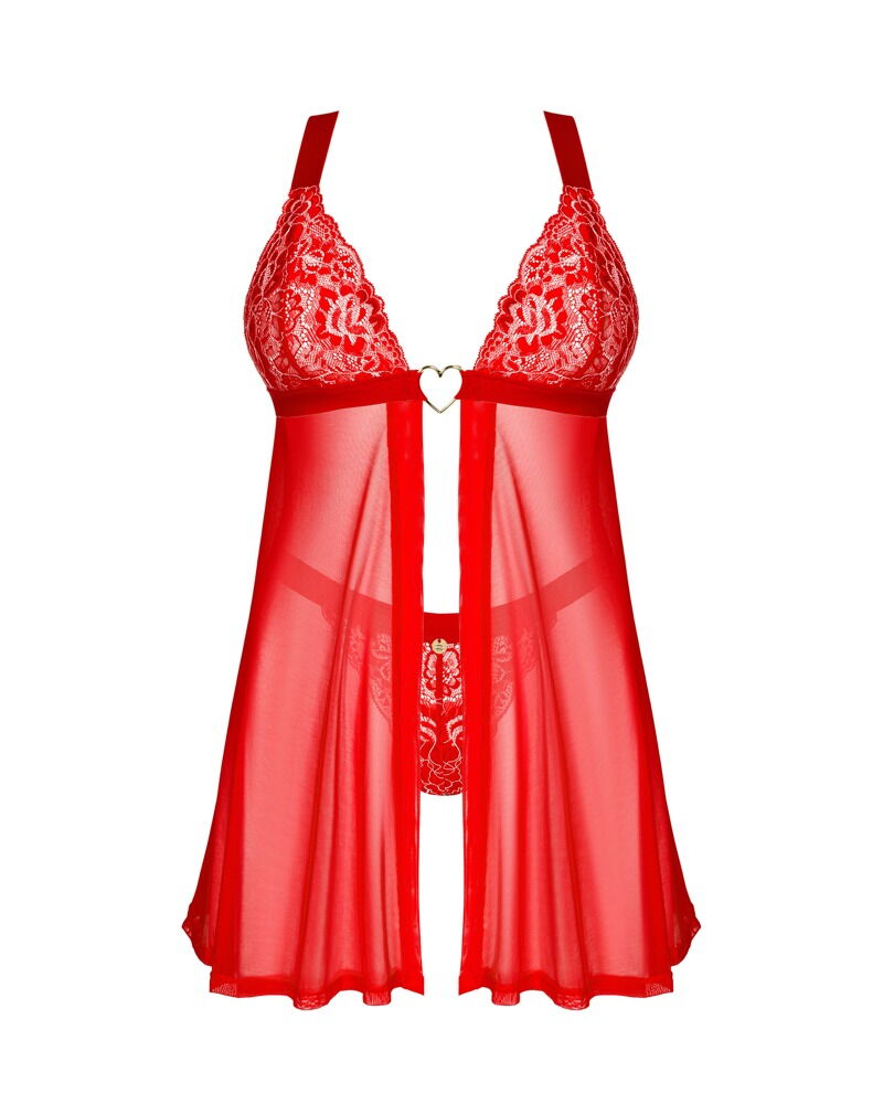 Babydoll plus String „Elianes“ in roter Transparenz mit Spitze