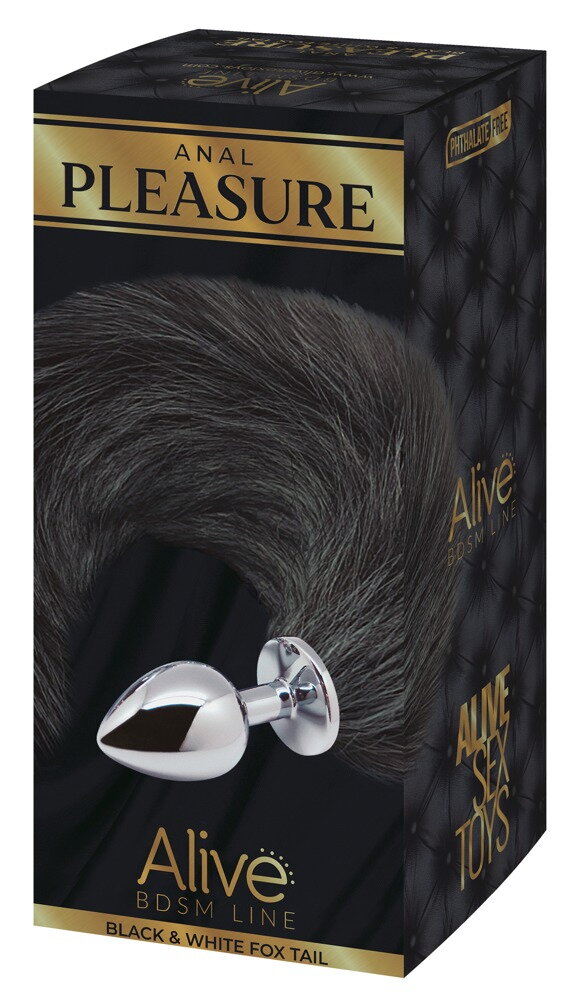 Analplug „Black & White Fox Tail M“ aus Metall mit Schweif am Stopper